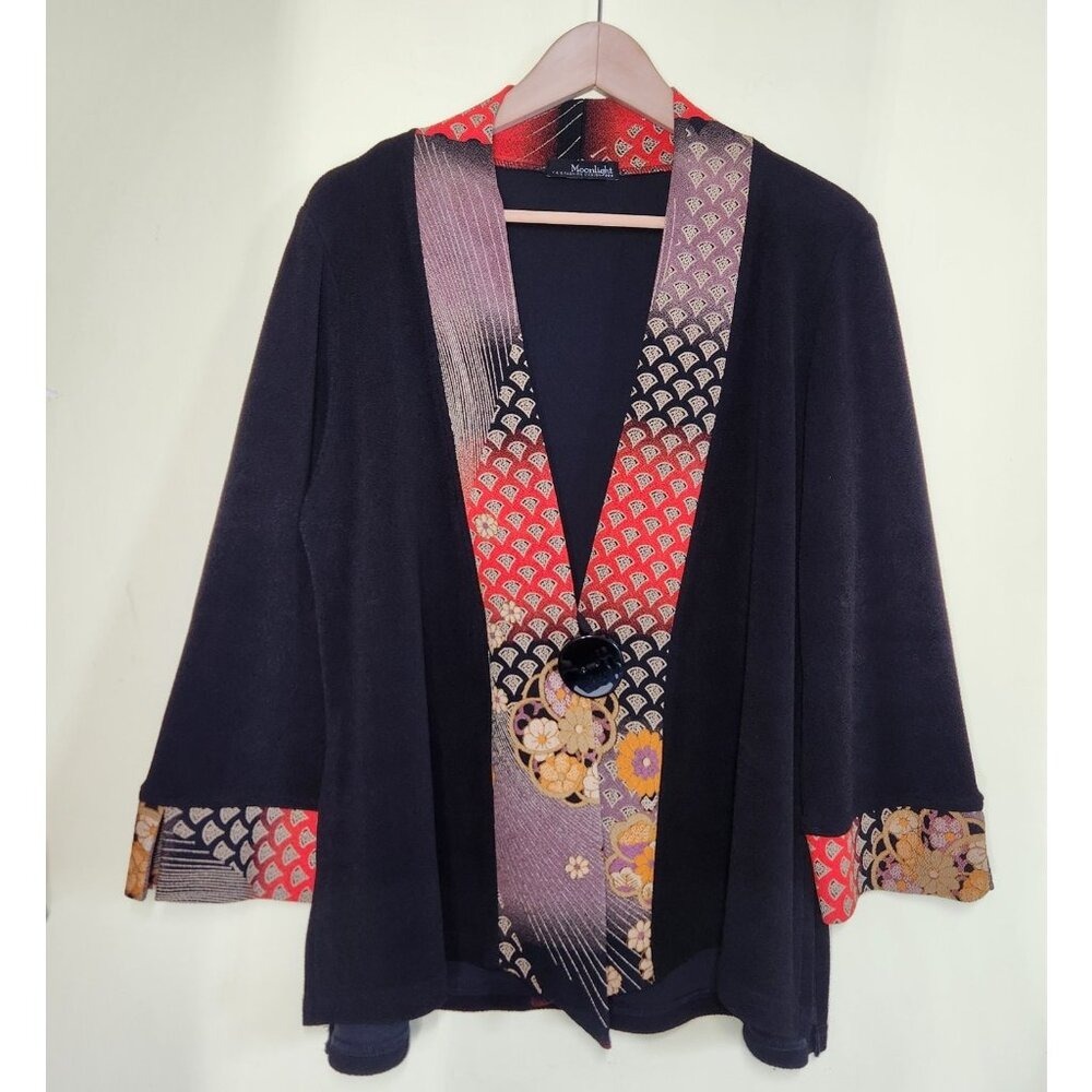 Moonlight Cardigan Women L Black Kimono Floral Print Jacket Artsy Lagenlook Boho